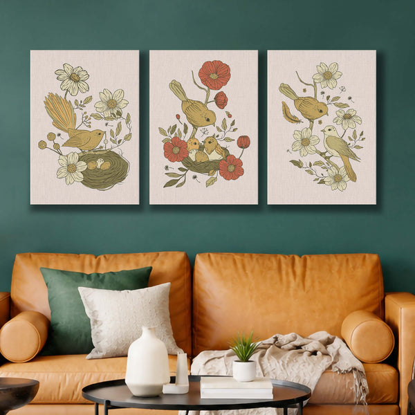 Botanical Bird Gallery Wall Set of 3 - 18 x 24 Inches