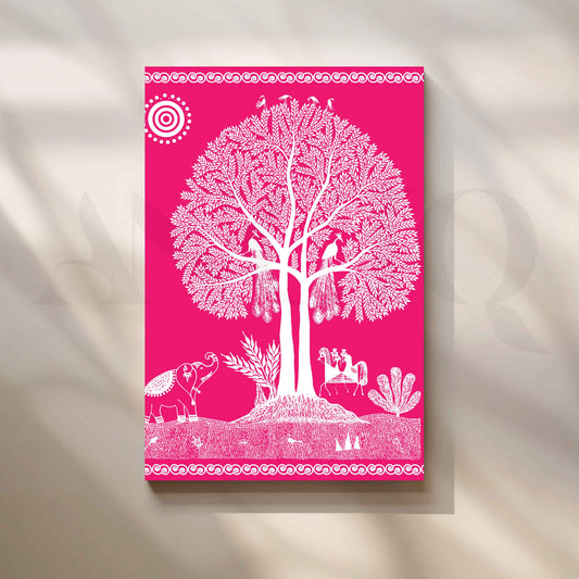 Pink Warli Tree of Life Canvas Wall Artwork with Gallery Wrap