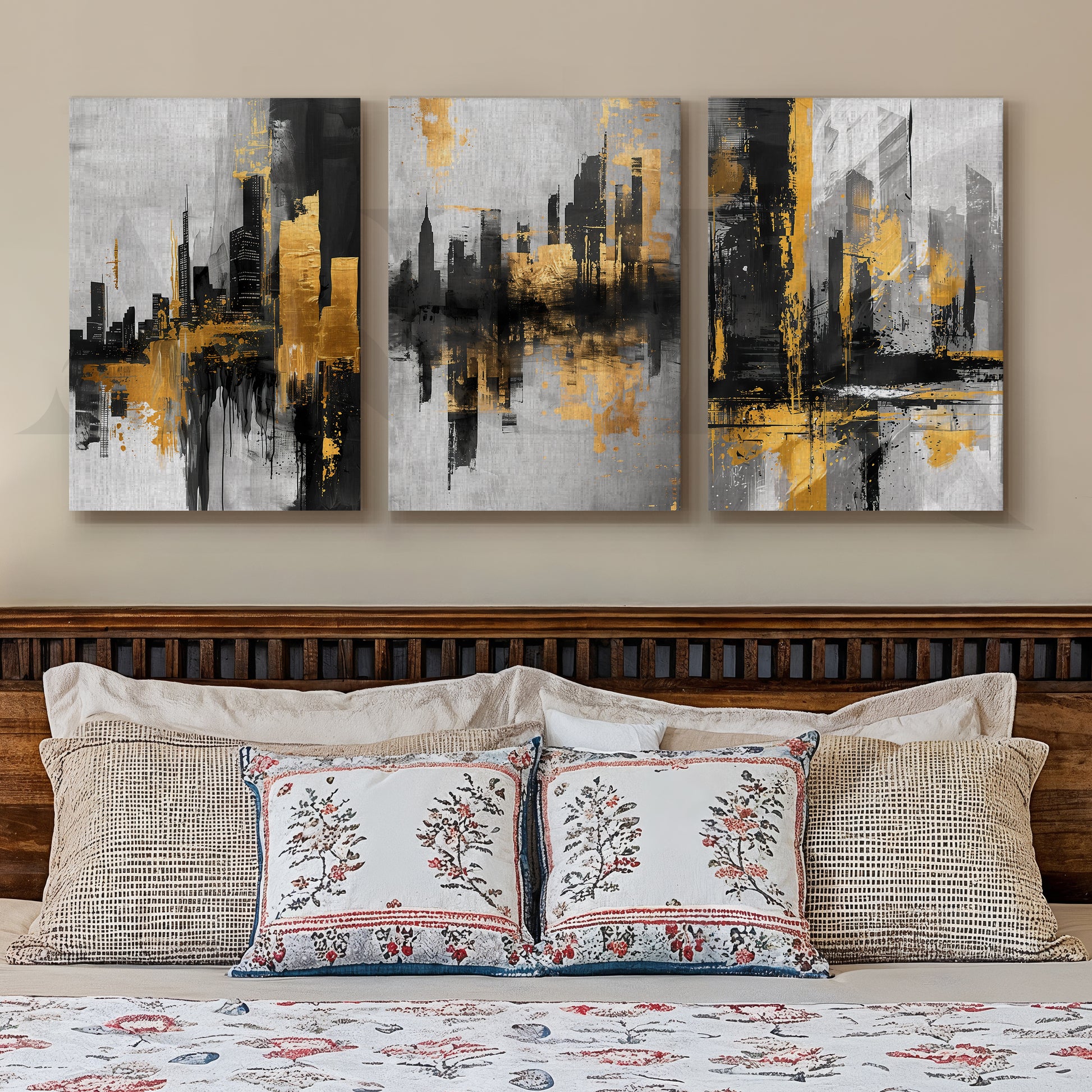 Golden Urban Skyline Gallery Wall – Set of 3 Modern Cityscape Artworks - 18 x 24 Inches for Stylish Bedroom