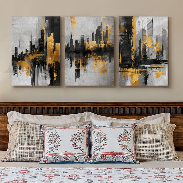 Golden Urban Skyline Gallery Wall – Set of 3 Modern Cityscape Artworks - 18 x 24 Inches