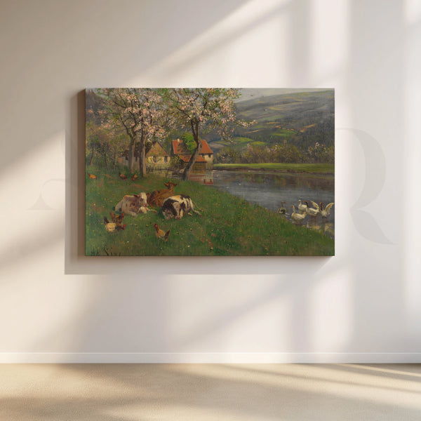 Spring Riverside Farm Scene Canvas Artwork