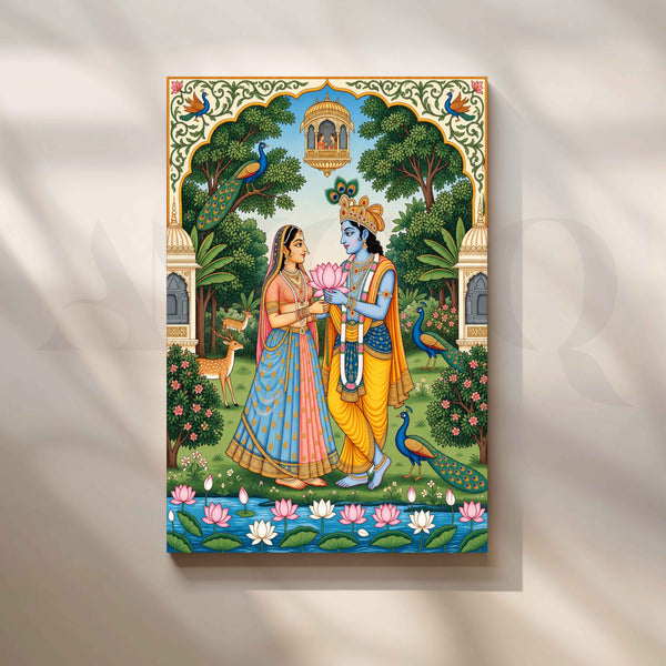 Radha Krishna Divine Love in Vrindavan Garden Pichwai Artwork