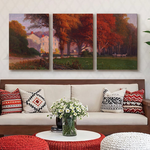 Autumn Countryside Estate Gallery Wall – Set of 3 Classic Landscape Artworks - 18 x 24 Inches