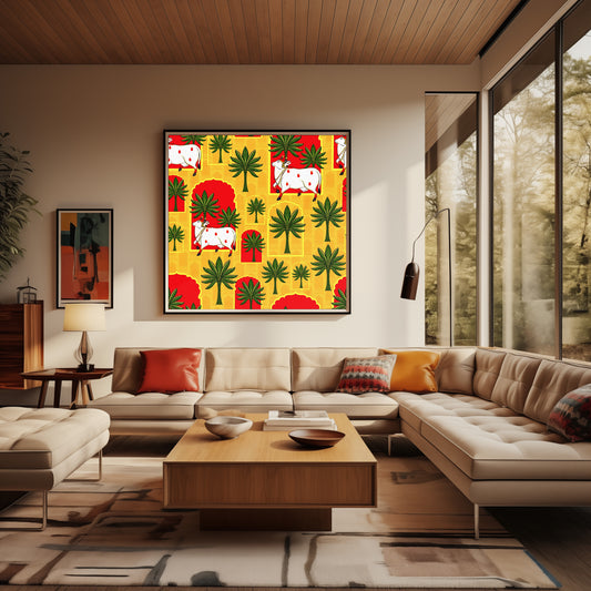 Traditional Cattle and Palm Motifs Against Vibrant Geometric Backdrop