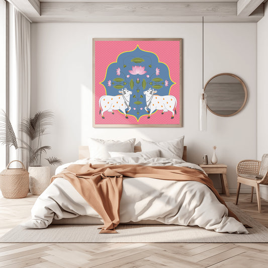 Symmetrical Cows Adorned with Floral Motifs and Lotus Blooms