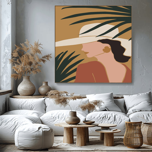 Chic Silhouette: A Woman in Summer Hat and Greenery