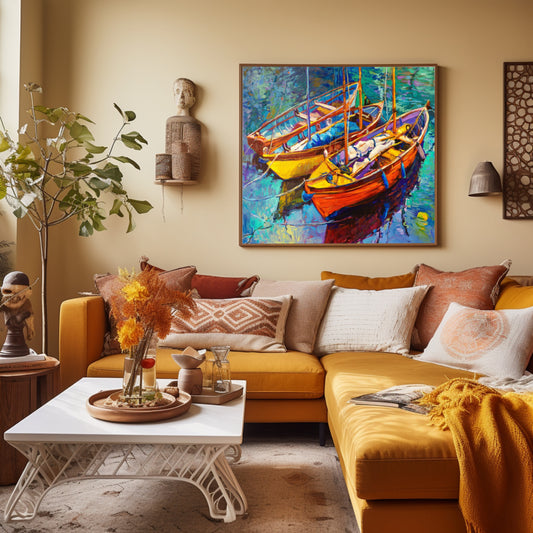 Vibrant Boats Resting on Tranquil Waters in a Colorful Harbor