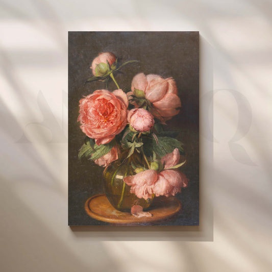 Vintage Pink Peony Vase Canvas Artwork for Entryway/Hallway