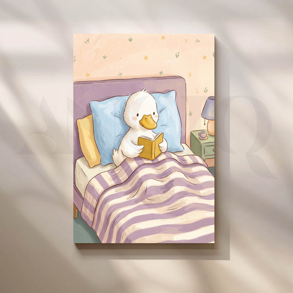 Cute Duck Reading Bedtime Story Kids Nursery Canvas Artwork