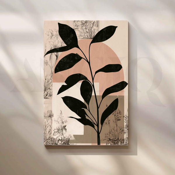 Minimalist Black Botanical Leaves with Blush Pink Abstract Canvas Artwork