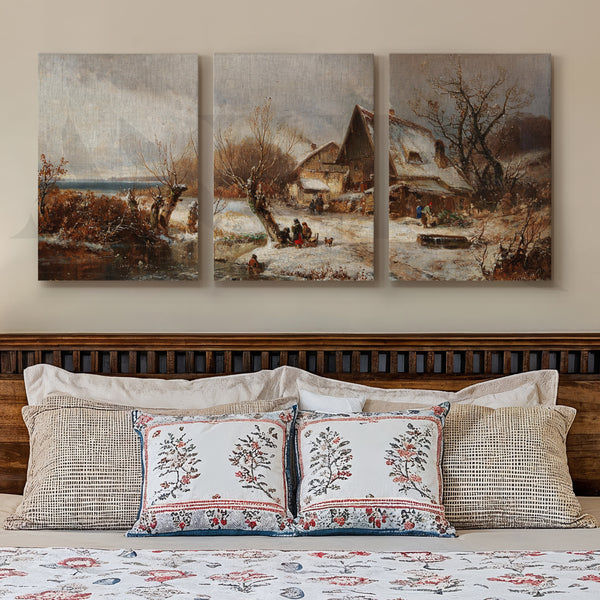 Winter Village Countryside Gallery Wall – Set of 3 Vintage Landscape Artworks - 18 x 24 Inches