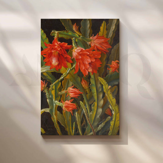 Vintage Red Cactus Bloom Canvas Artwork for Entryway/Hallway