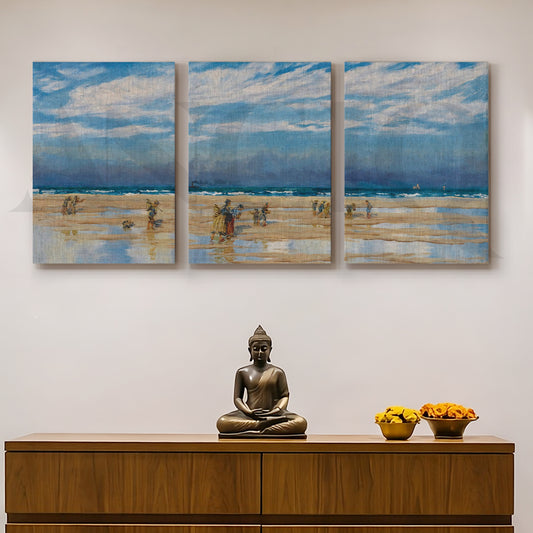 Serene Coastal Shoreline Gallery Wall – Set of 3 Impressionist Beach Artworks - 18 x 24 Inches for Entryway/Hallway