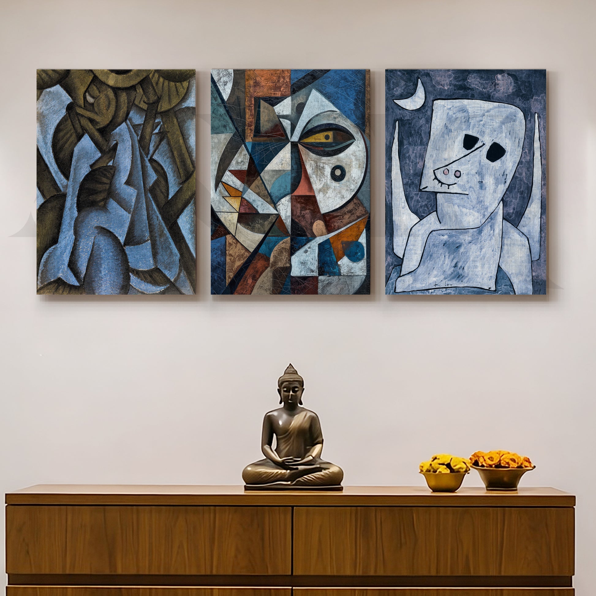 Avant-Garde Cubist Portrait Gallery Wall – Set of 3 Modern Artworks - 18 x 24 Inches for Entryway/Hallway
