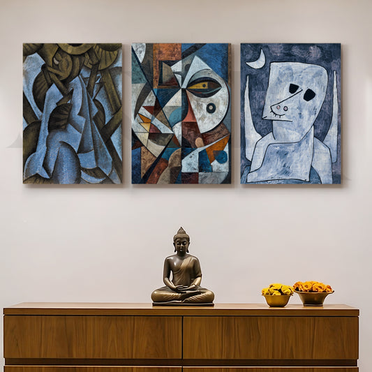 Avant-Garde Cubist Portrait Gallery Wall – Set of 3 Modern Artworks - 18 x 24 Inches for Entryway/Hallway