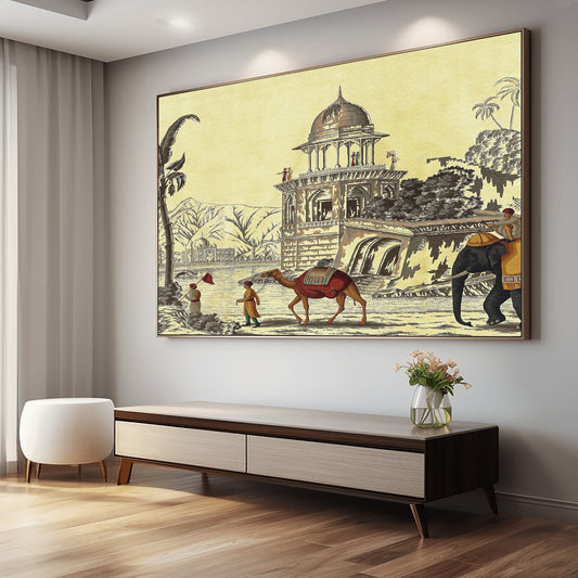 Vintage Indian Landscape Painting with Elephant and Camel