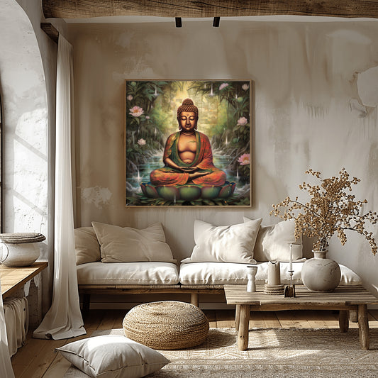 Buddha Meditating by Tranquil Waters with Blossoming Lotus Surroundings