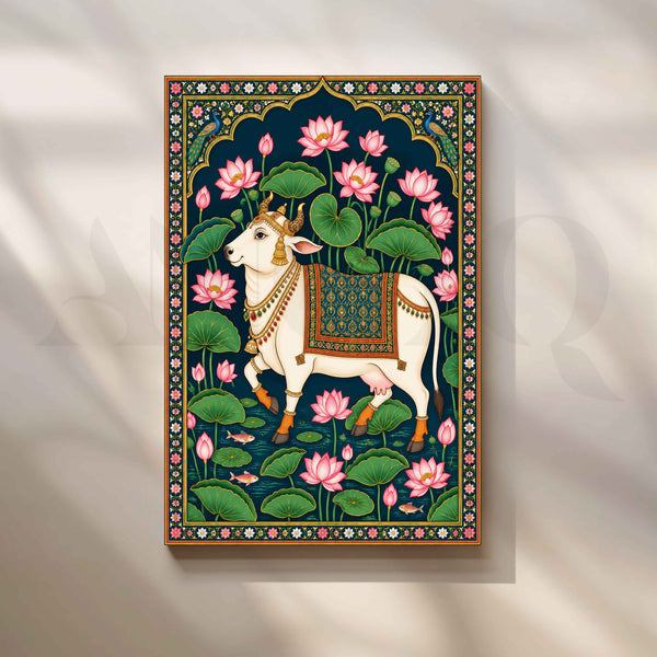 Sacred Cow Among Pink Lotuses Pichwai Artwork