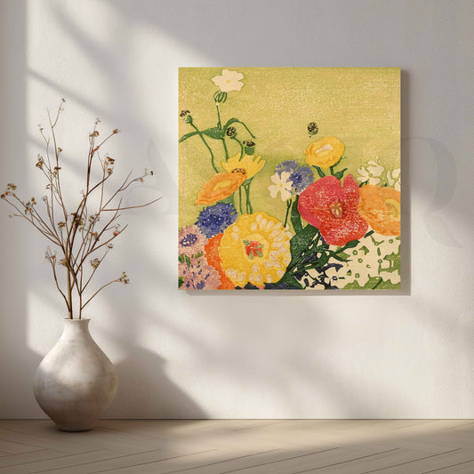 Modern Floral Block Print Canvas Artwork for Stylish Bedroom