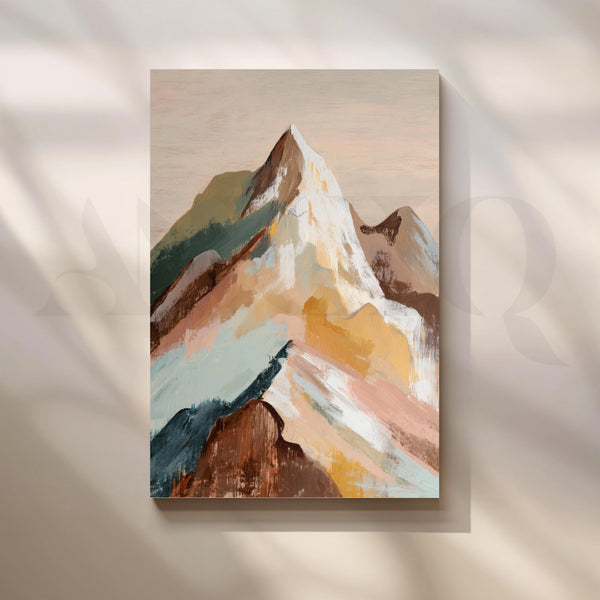Abstract Mountain Landscape Canvas Artwork in Beige, Blue and Earthy Tones
