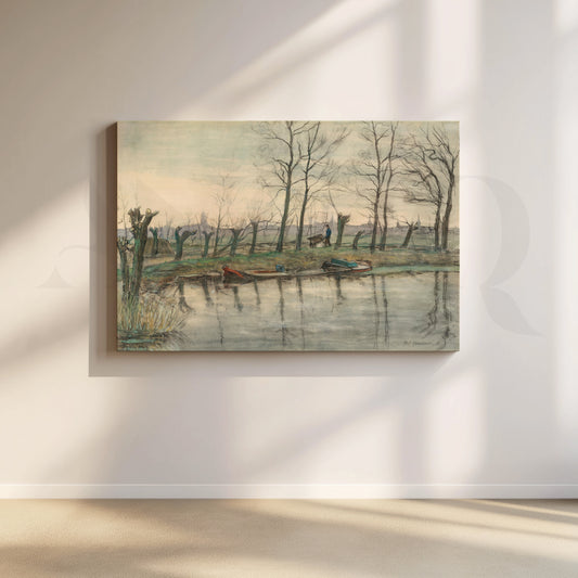 Serene Riverside Winter Canvas Artwork for Living Room