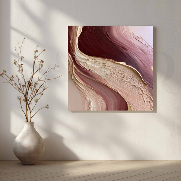 Burgundy Rose and Gold Flowing Marble Textured Abstract Canvas Artwork