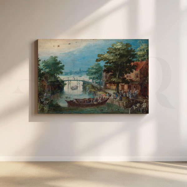 Riverside Village Boats Canvas Artwork