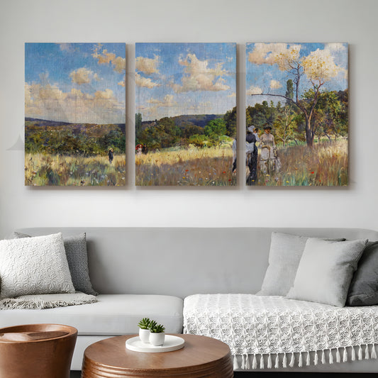 Sunlit Countryside Walk Gallery Wall – Set of 3 Impressionist Landscape Artworks - 18 x 24 Inches for Living Room
