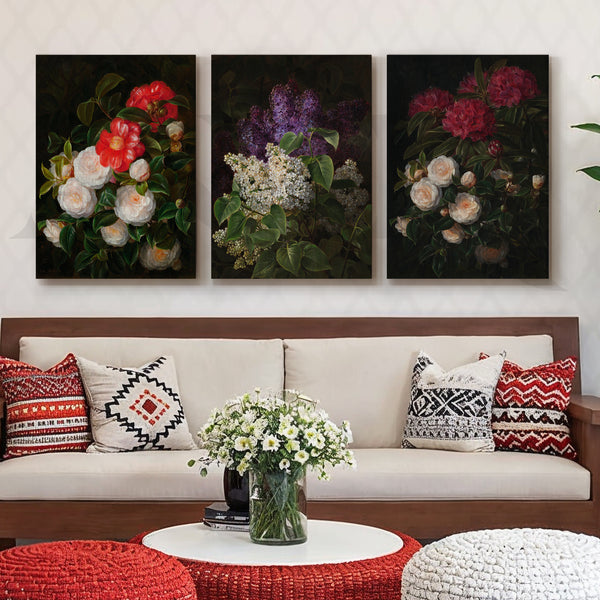Vintage Botanical Bouquet Gallery Wall – Set of 3 Classic Floral Artworks - 18 x 24 Inches