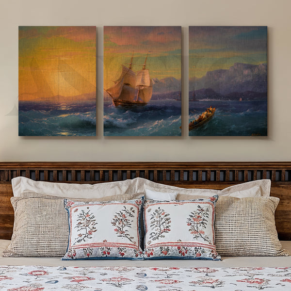 Golden Horizon Sailing Gallery Wall – Set of 3 Vintage Seascape Artworks - 18 x 24 Inches
