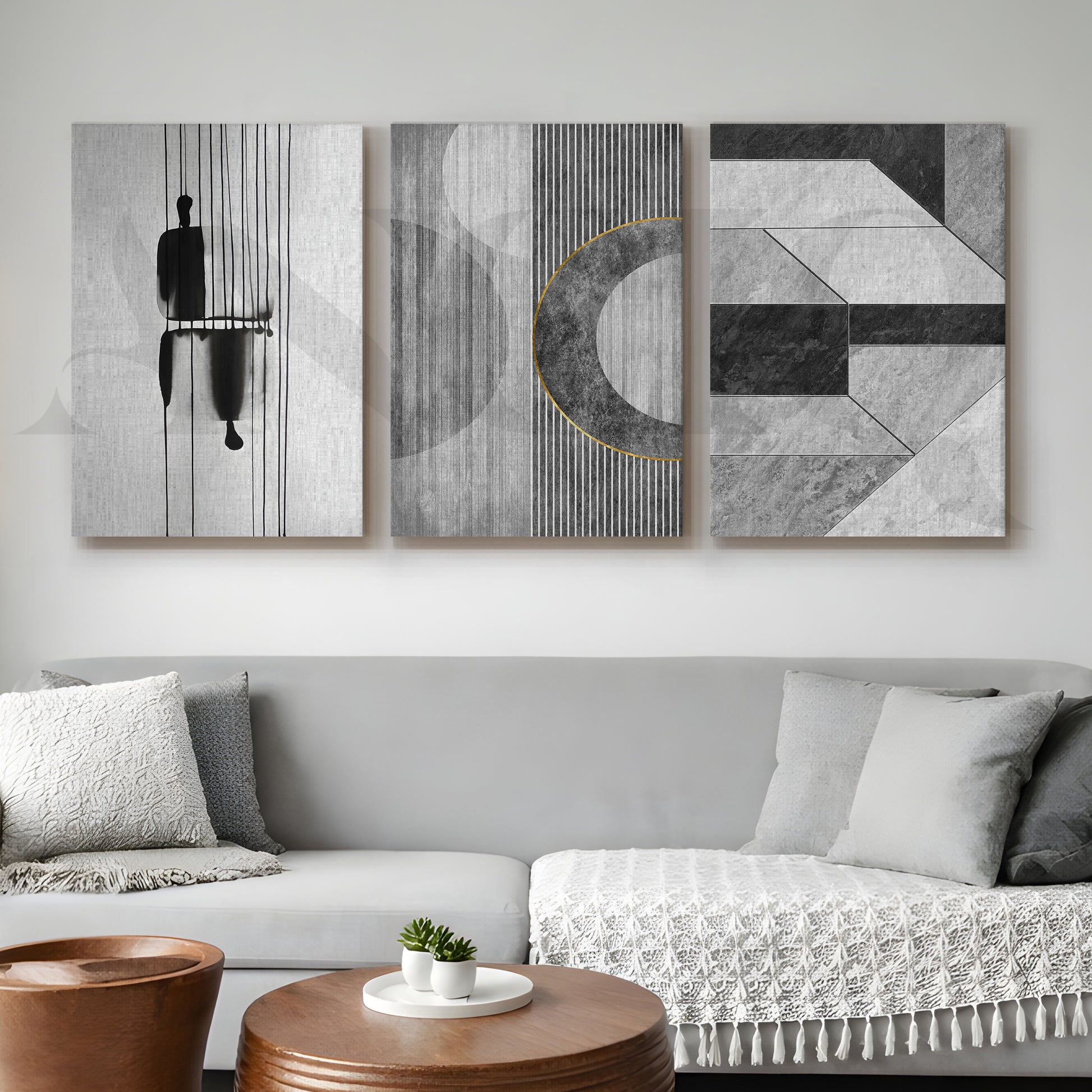Monochrome Modern Geometry Gallery Wall – Set of 3 Minimal Abstract Artworks - 18 x 24 Inches for Office/Study Room