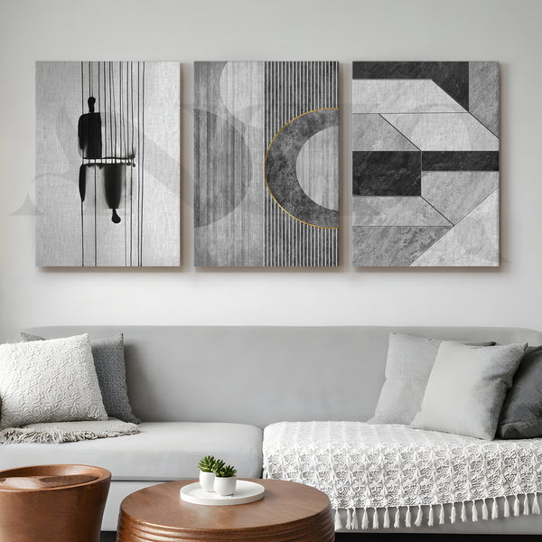 Monochrome Modern Geometry Gallery Wall – Set of 3 Minimal Abstract Artworks - 18 x 24 Inches