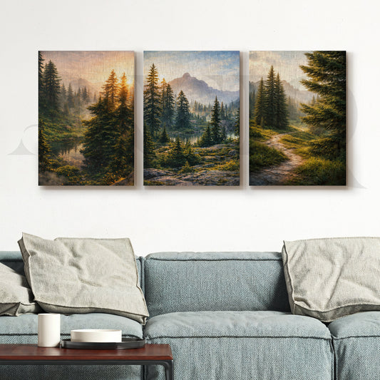 Alpine Forest Escape Gallery Wall – Set of 3 Landscape Artworks - 18 x 24 Inches for Living Room