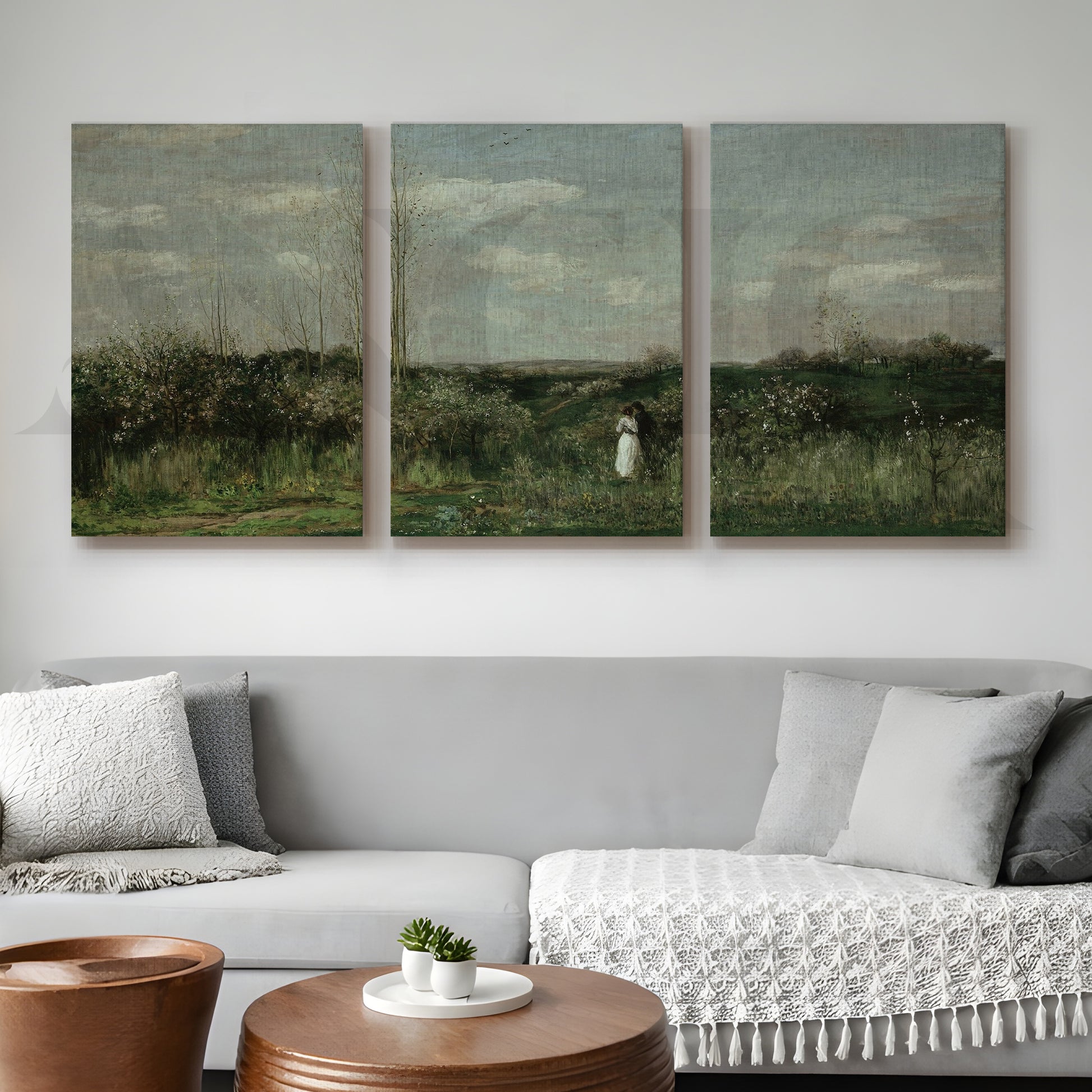 Serene Countryside Meadow Gallery Wall – Set of 3 Classic Landscape Artworks - 18 x 24 Inches for Living Room