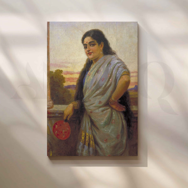 Woman Holding a Fan by Raja Ravi Varma Canvas Artwork