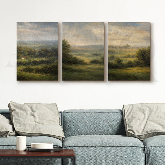 Serene Countryside Panorama Gallery Wall – Set of 3 Landscape Artworks - 18 x 24 Inches for Living Room