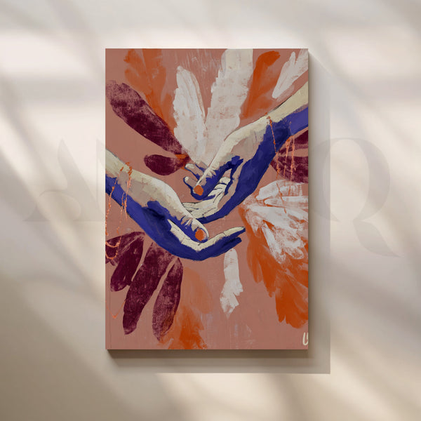 Abstract Hands Canvas Artwork in Terracotta, Blue and Burgundy Tones