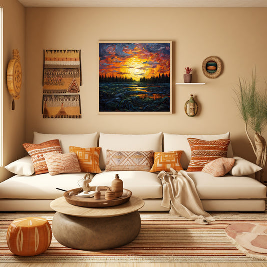 Radiant Sunset Over Vibrant Forest and Rippled Waterscape