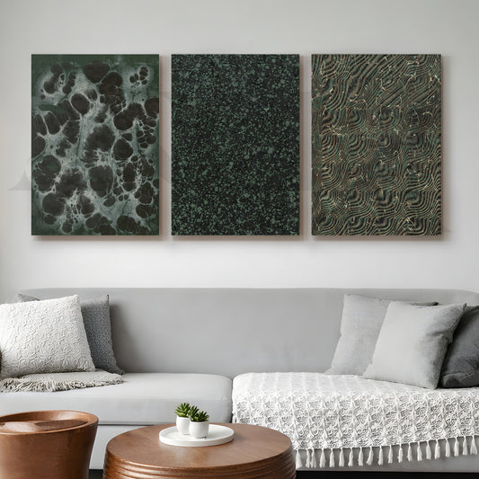 Deep Green Abstract Texture Gallery Wall – Set of 3 Modern Artworks - 18 x 24 Inches for Living Room