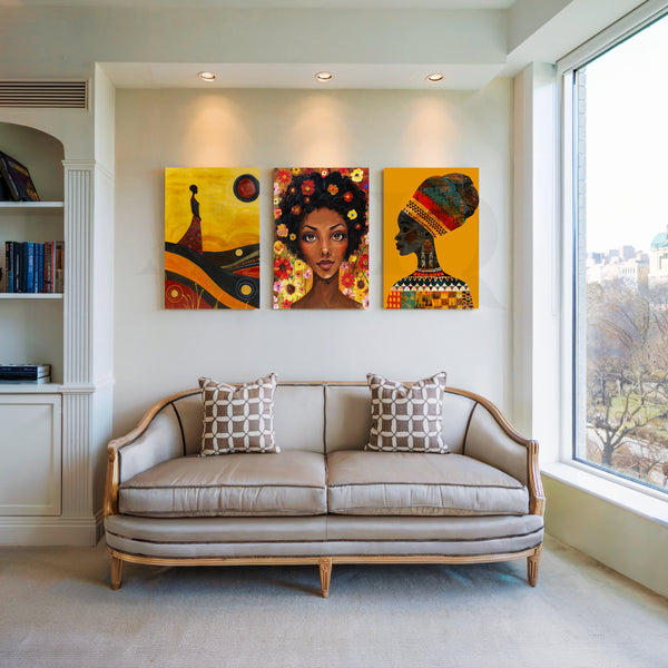 Golden Afro Muse Gallery Wall – Set of 3 Artworks