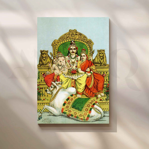 Shiva, Parvati and Ganesha Enthroned on Mount Kailas by Raja Ravi Varma Canvas Artwork