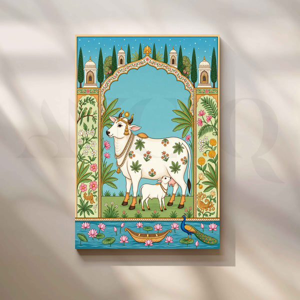 Sacred Kamdhenu Cow and Calf in Royal Garden Pichwai Artwork