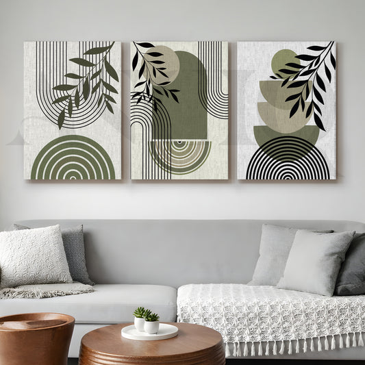 Minimal Botanical Geometry Gallery Wall – Set of 3 Modern Abstract Artworks - 18 x 24 Inches for Living Room