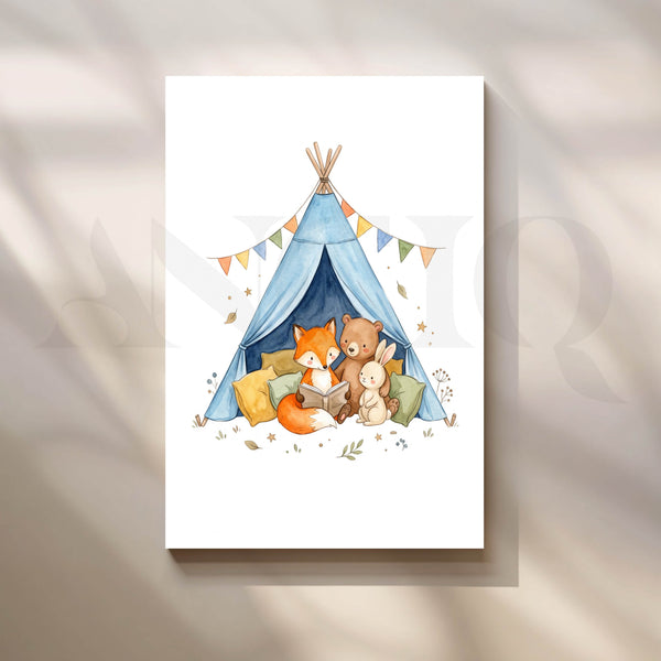 Woodland Friends Storytime in Blue Tent Kids Room Canvas Artwork