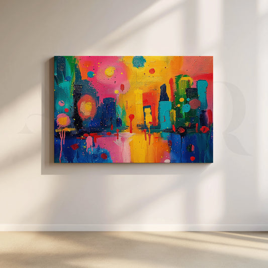 Colorful Abstract Cityscape Canvas Artwork for Living Room