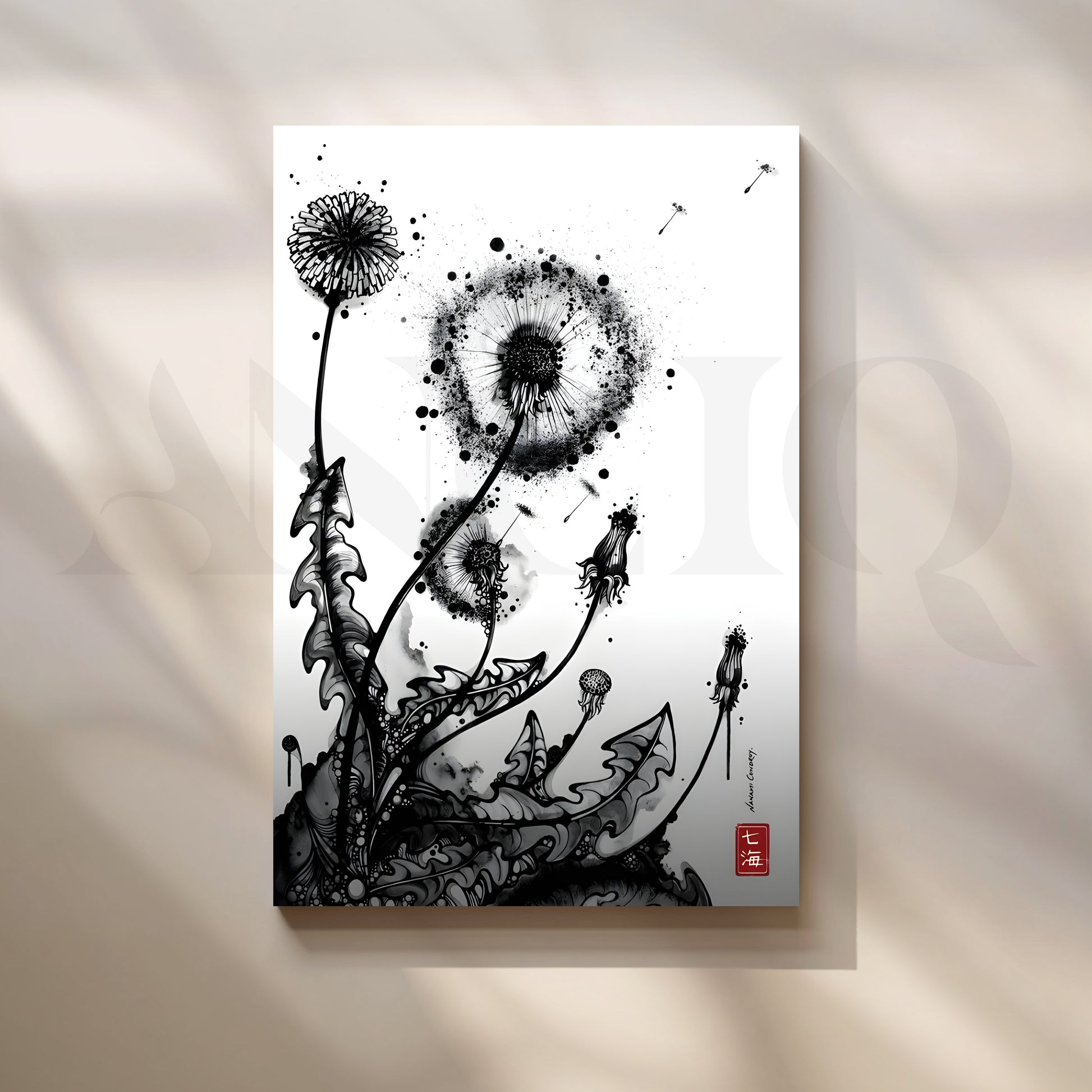 Monochrome Dandelion Ink Botanical Artwork for Living Room