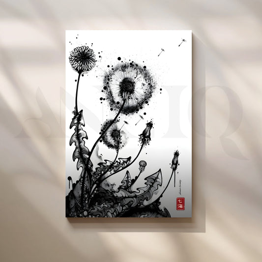 Monochrome Dandelion Ink Botanical Artwork for Living Room