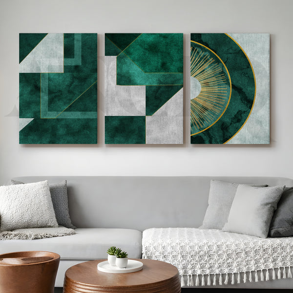 Emerald Luxe Geometry Gallery Wall – Set of 3 Modern Abstract Artworks - 18 x 24 Inches