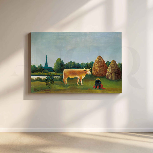 Pastoral Countryside with Cow Folk Art Canvas Artwork