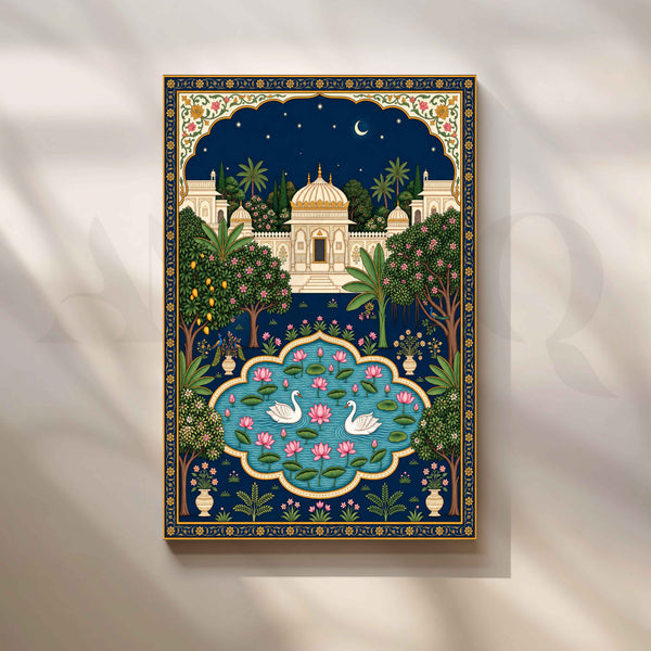 Royal Moonlit Palace with Swans Pichwai Artwork